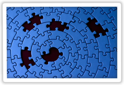 jigsaw in blue with five missing pieces